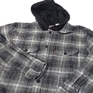 Levis Mens Plaid Flannel Button Up Shirt Hoodie Relaxed Fit Size L